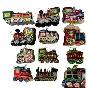 Glass Train Railroad Ornaments Set Of 12 Multicolor Hand-Painted Holiday Decor V